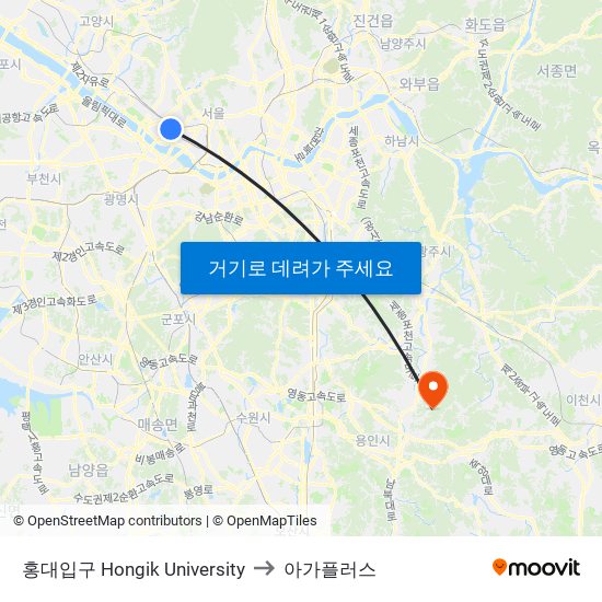 홍대입구 Hongik University to 아가플러스 map