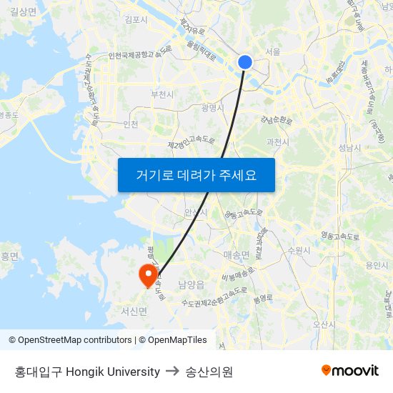 홍대입구 Hongik University to 송산의원 map