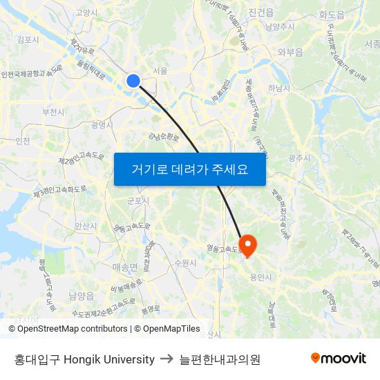 홍대입구 Hongik University to 늘편한내과의원 map