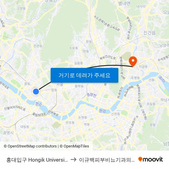 홍대입구 Hongik University to 이규백피부비뇨기과의원 map