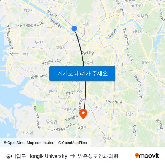 홍대입구 Hongik University to 밝은성모안과의원 map