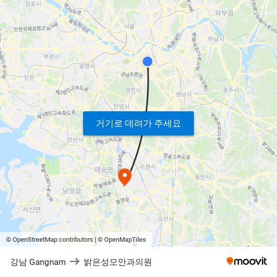 강남 Gangnam to 밝은성모안과의원 map