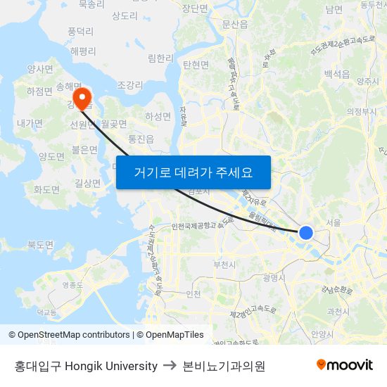 홍대입구 Hongik University to 본비뇨기과의원 map