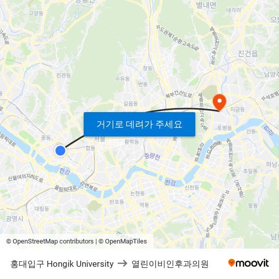 홍대입구 Hongik University to 열린이비인후과의원 map