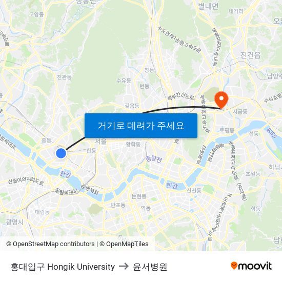 홍대입구 Hongik University to 윤서병원 map