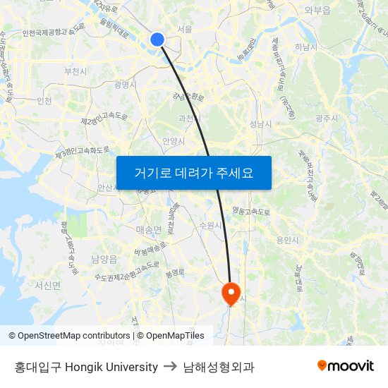 홍대입구 Hongik University to 남해성형외과 map