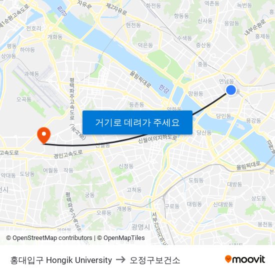 홍대입구 Hongik University to 오정구보건소 map