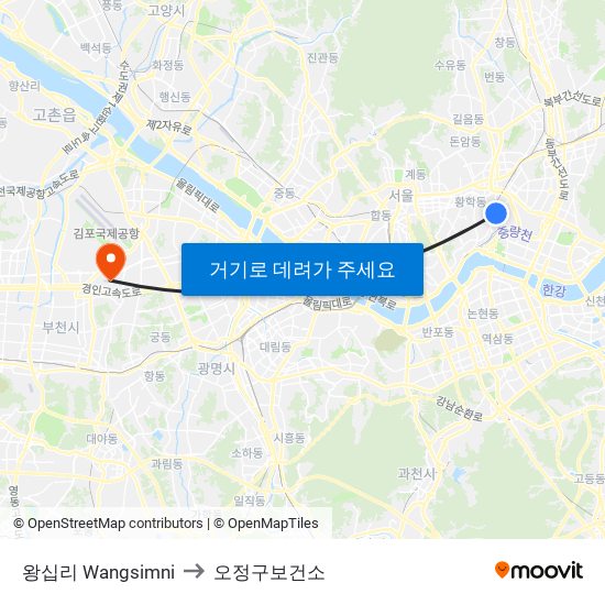 왕십리 Wangsimni to 오정구보건소 map