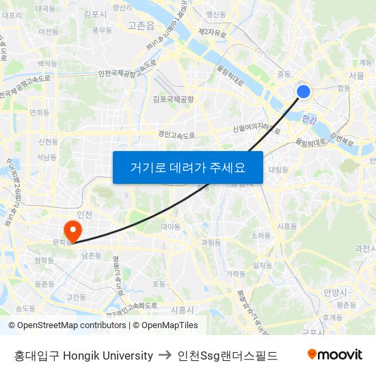 홍대입구 Hongik University to 인천Ssg랜더스필드 map