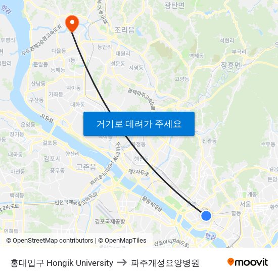 홍대입구 Hongik University to 파주개성요양병원 map