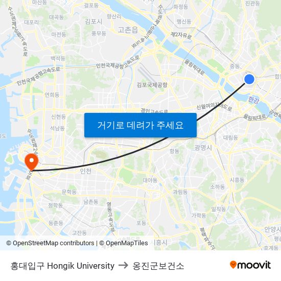 홍대입구 Hongik University to 옹진군보건소 map