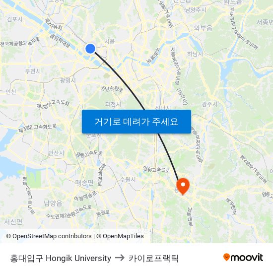 홍대입구 Hongik University to 카이로프랙틱 map