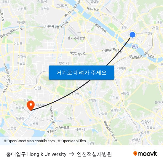 홍대입구 Hongik University to 인천적십자병원 map