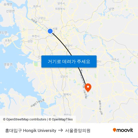 홍대입구 Hongik University to 서울중앙의원 map