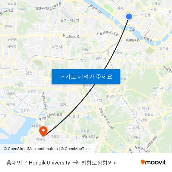 홍대입구 Hongik University to 최형도성형외과 map
