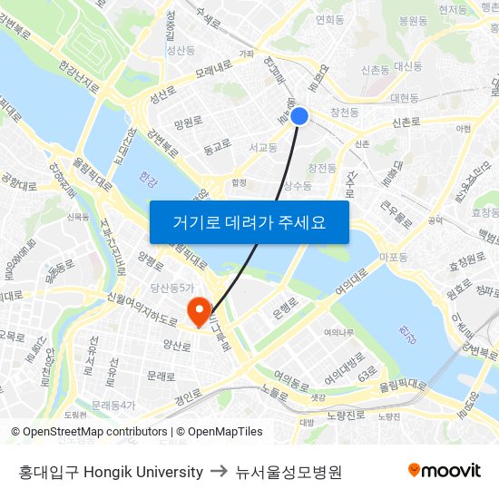 홍대입구 Hongik University to 뉴서울성모병원 map