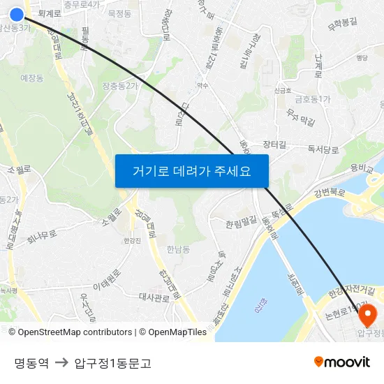 명동역 to 압구정1동문고 map
