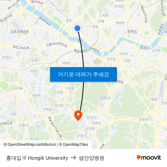 홍대입구 Hongik University to 샘안양병원 map