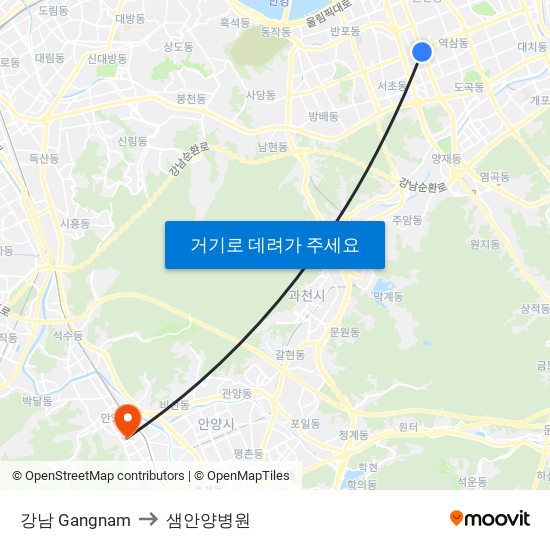 강남 Gangnam to 샘안양병원 map