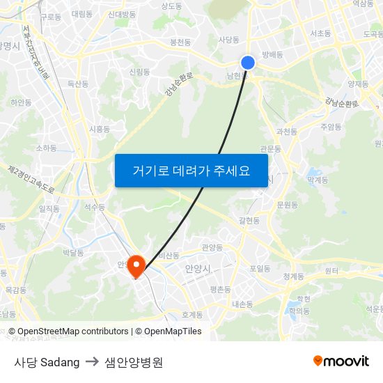 사당 Sadang to 샘안양병원 map