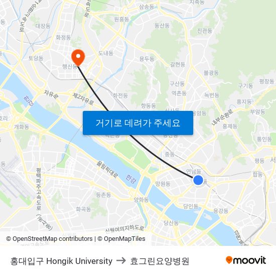 홍대입구 Hongik University to 효그린요양병원 map