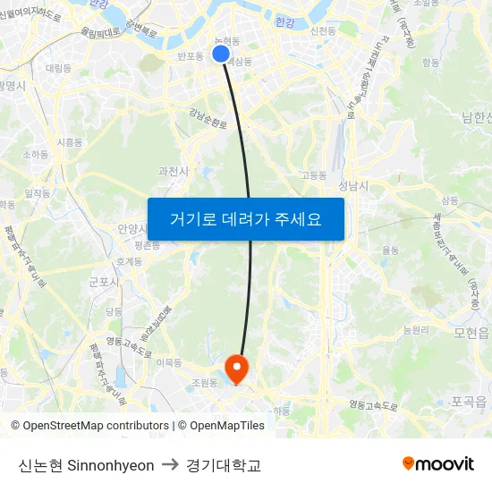 신논현 Sinnonhyeon to 경기대학교 map
