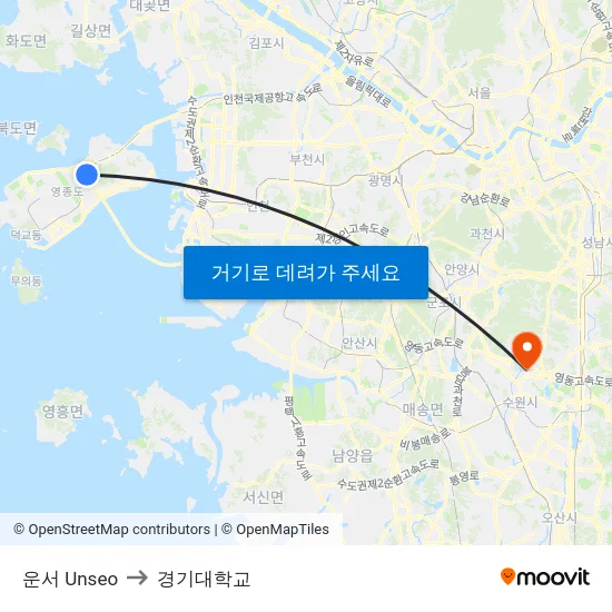 운서 Unseo to 경기대학교 map