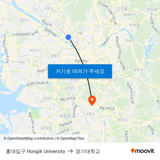 홍대입구 Hongik University to 경기대학교 map