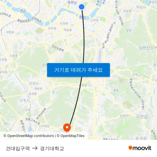 건대입구역 to 경기대학교 map