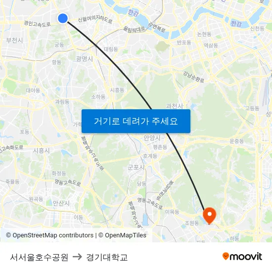 서서울호수공원 to 경기대학교 map