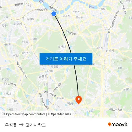 흑석동 to 경기대학교 map