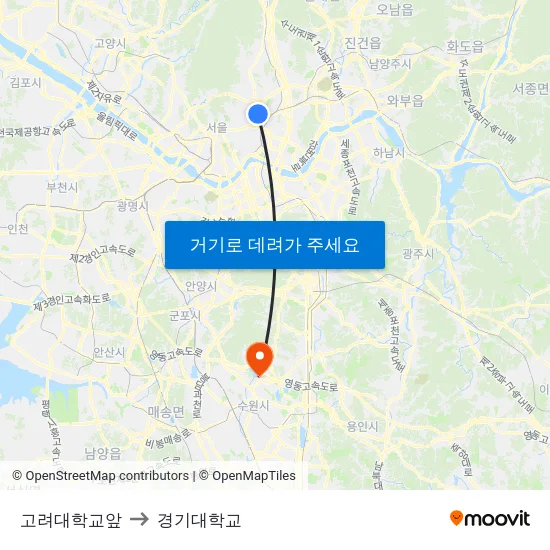고려대학교앞 to 경기대학교 map