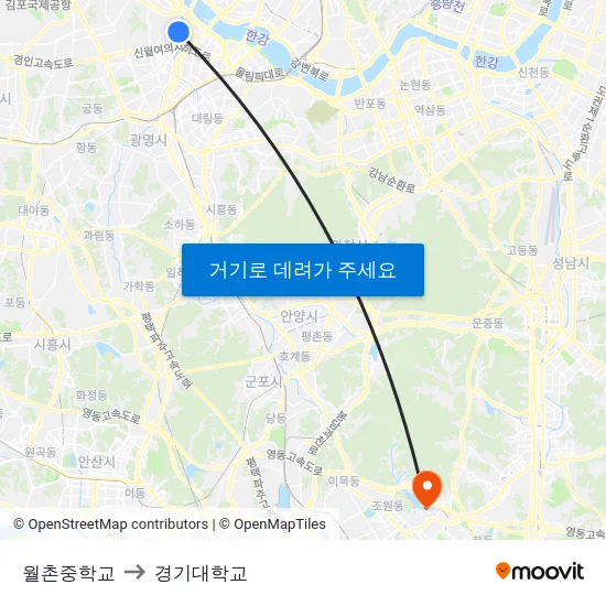 월촌중학교 to 경기대학교 map