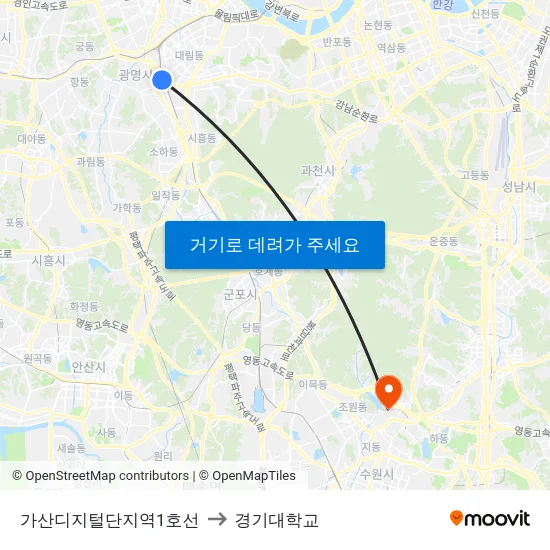가산디지털단지역1호선 to 경기대학교 map
