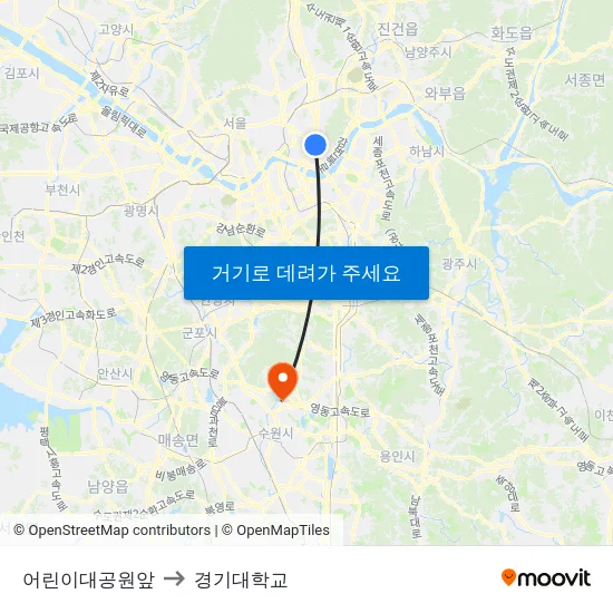 어린이대공원앞 to 경기대학교 map