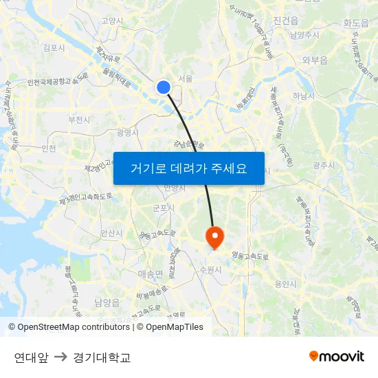 연대앞 to 경기대학교 map