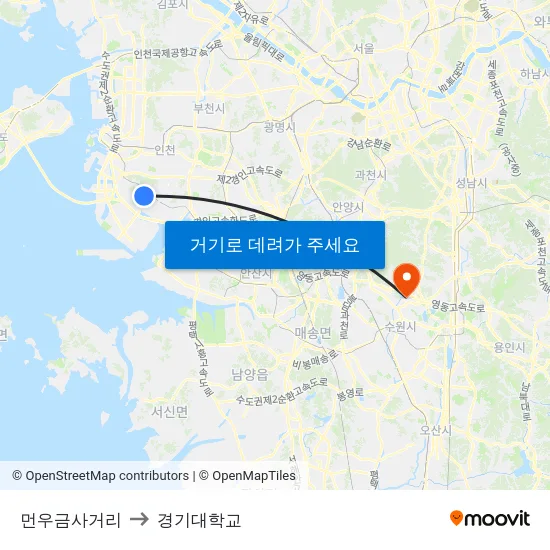 먼우금사거리 to 경기대학교 map