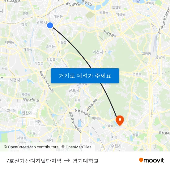 7호선가산디지털단지역 to 경기대학교 map