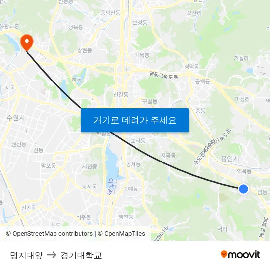 명지대앞 to 경기대학교 map