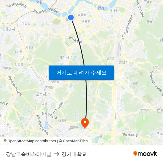 강남고속버스터미널 to 경기대학교 map