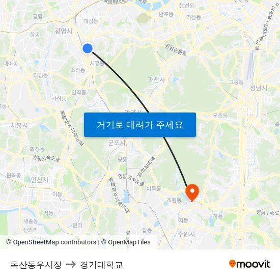 독산동우시장 to 경기대학교 map