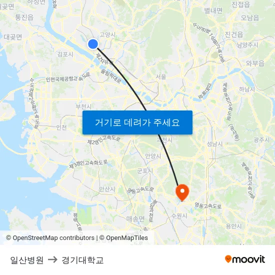일산병원 to 경기대학교 map