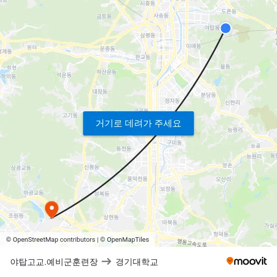 야탑고교.예비군훈련장 to 경기대학교 map