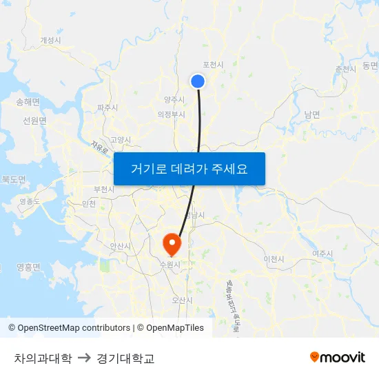 차의과대학 to 경기대학교 map