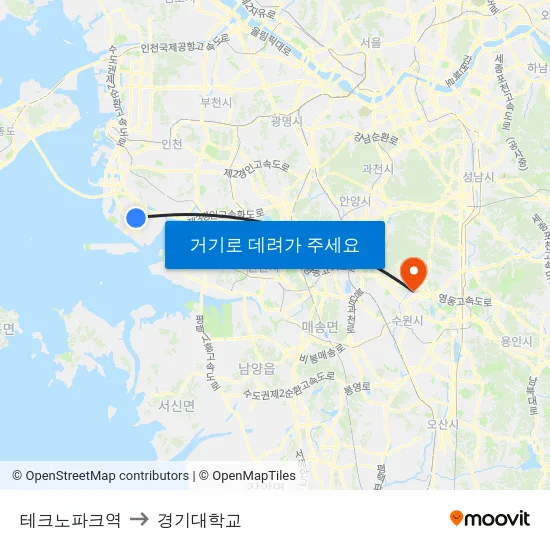 테크노파크역 to 경기대학교 map