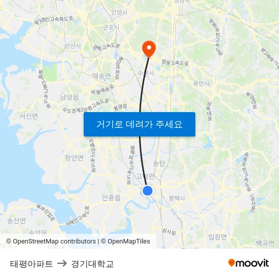 태평아파트 to 경기대학교 map