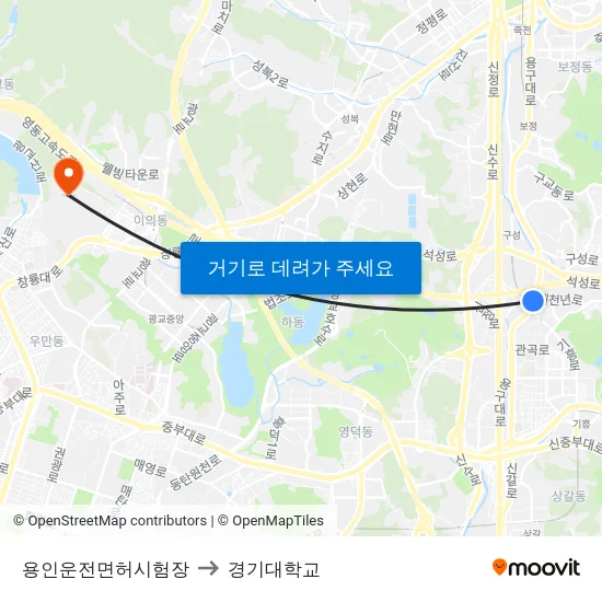 용인운전면허시험장 to 경기대학교 map