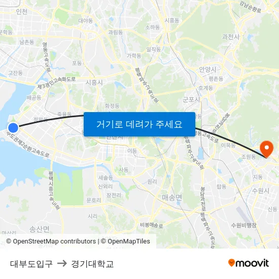 대부도입구 to 경기대학교 map