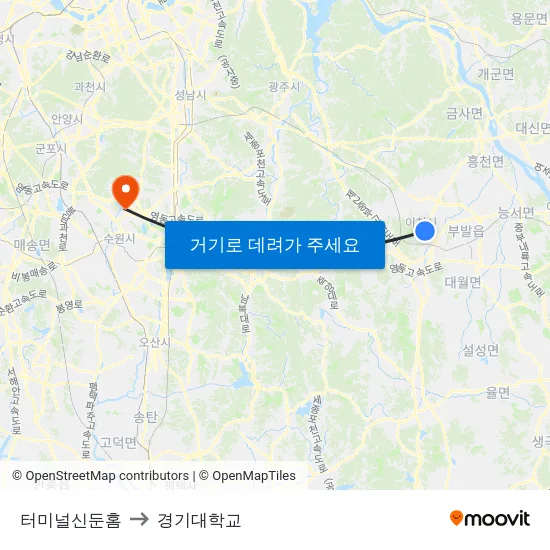 터미널신둔홈 to 경기대학교 map