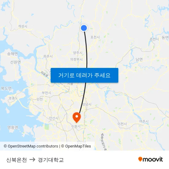 신북온천 to 경기대학교 map